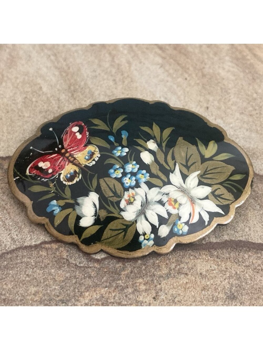 VTG Russian Handpainted Lacquer Floral Butterfly Brooch Black Signed Whimsy Goth